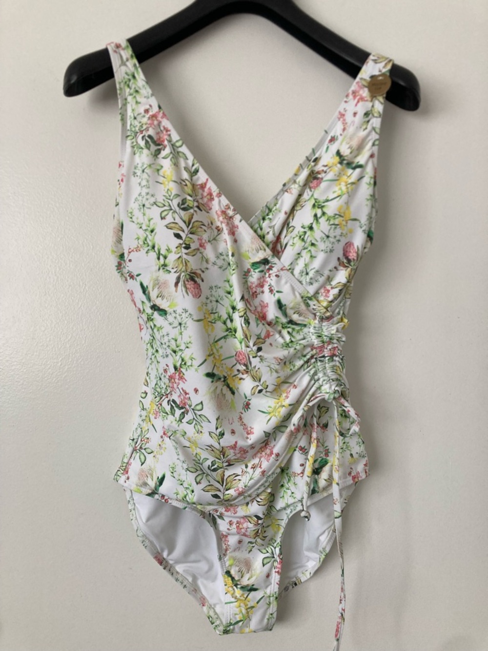 Floral Ruched One-Piece Swimsuit in White with Pastel Print